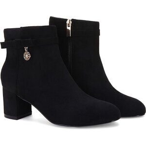 Women’s Black Vintage Chunky Block Low Heel Boots Tie Knot Zipper Booties